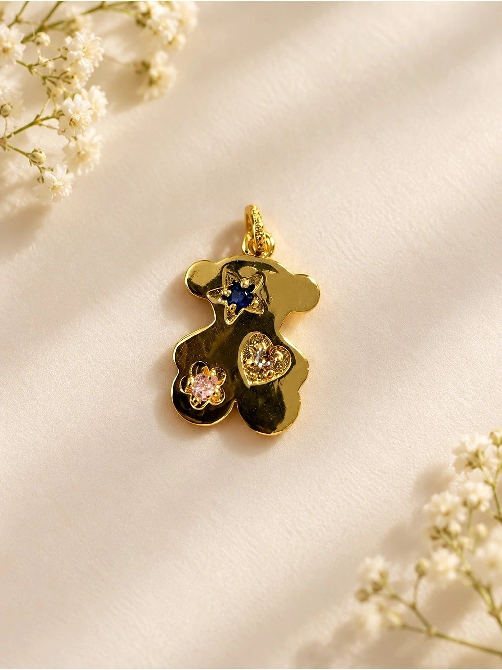 Teddy Bear Stars Pendant Brooch in Gold & Multicolor vermeil 925